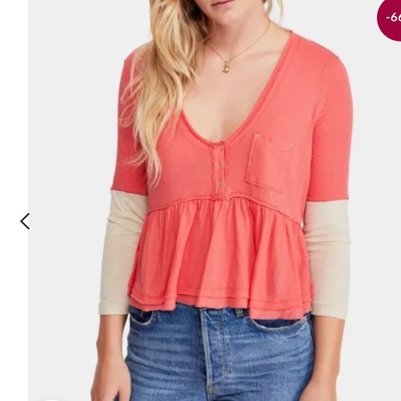 Free People We the Free 3/4 Top Heart of Mine Cotton Flounce-Hem Colorblock Red - Picture 1 of 8